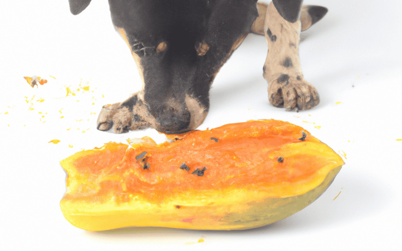Dog licking fresh papaya, a nutritious treat for dogs' health and digestion.