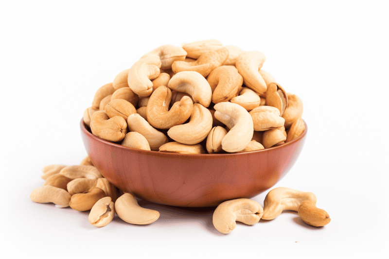 Alt text: Raw cashews in a brown bowl, on a white background, close-up shot.