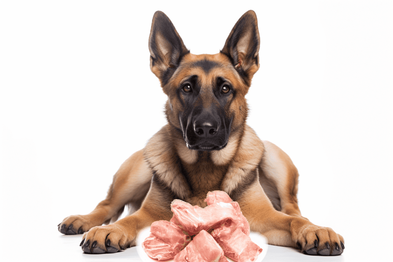 Dog eating raw meat, healthy dog food, fresh meat for dogs, pet nutrition, dog feeding tips.