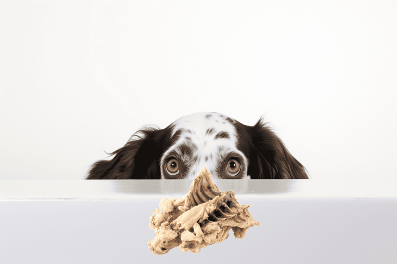 Adorable dog peeking over a white surface with a large bone treat in front.