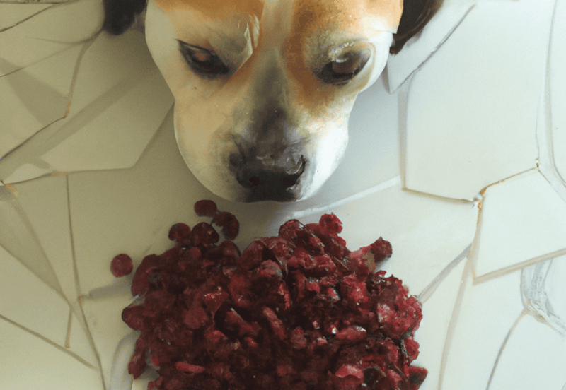 Close-up of dog with berries on floor, showing canine eating food from tiled surface.