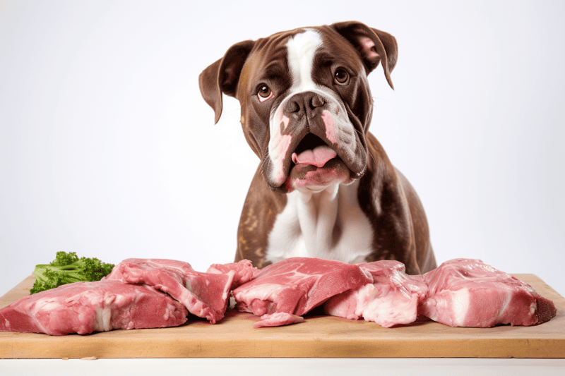 Dog with raw meat, fresh nutritious dog food, healthy pet diet ideas, high-quality meat for dogs.