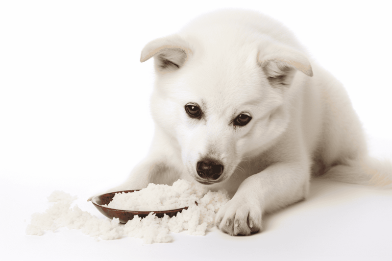 Puppy eating rice bowl, adorable young dog, white background, pet food, dog nutrition, healthy dog diet, playful puppy.