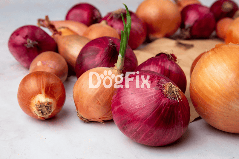 Close-up of fresh red and yellow onions on a white surface.