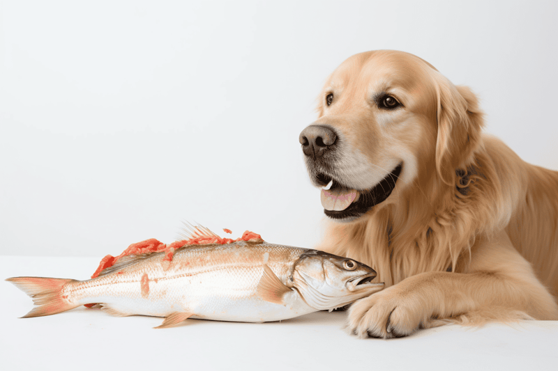 Dog with Fresh Fish for Healthy Dog Diet.