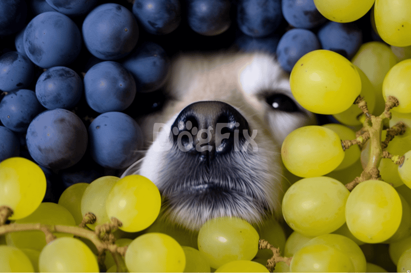 Close-up of a puppy's face with blue and green grapes surrounding it, emphasizing pet care and pet nutrition.