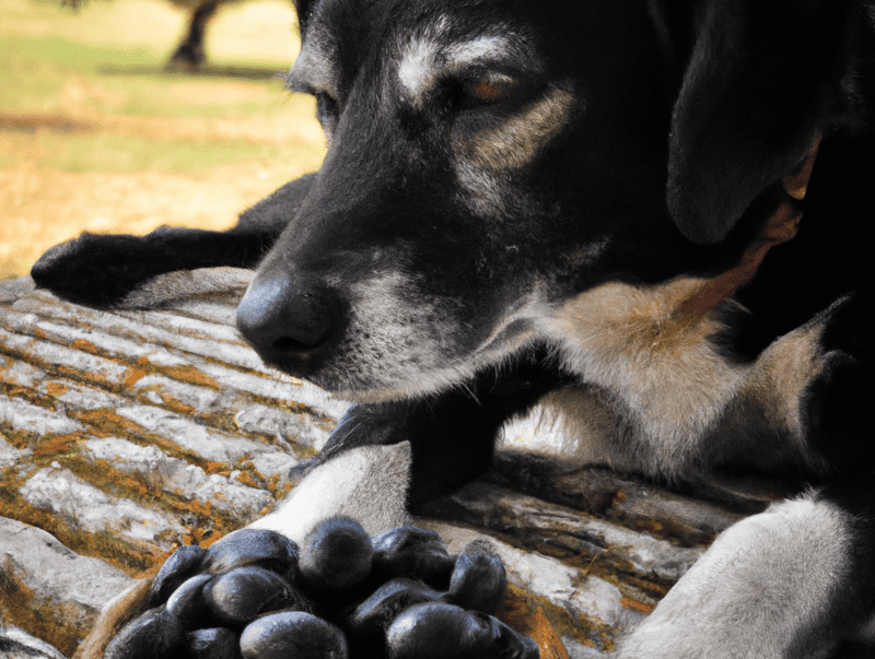 Dog relaxing outdoors, natural setting, tranquil moment, dog resting outside.