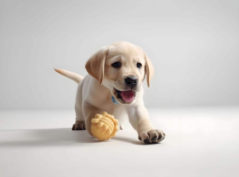 Cute yellow Labrador puppy with a toy bone, happy and playful, ideal for dog care and pet health.