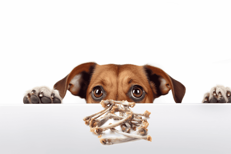 Adorable dog peeking over table with bones for treats.