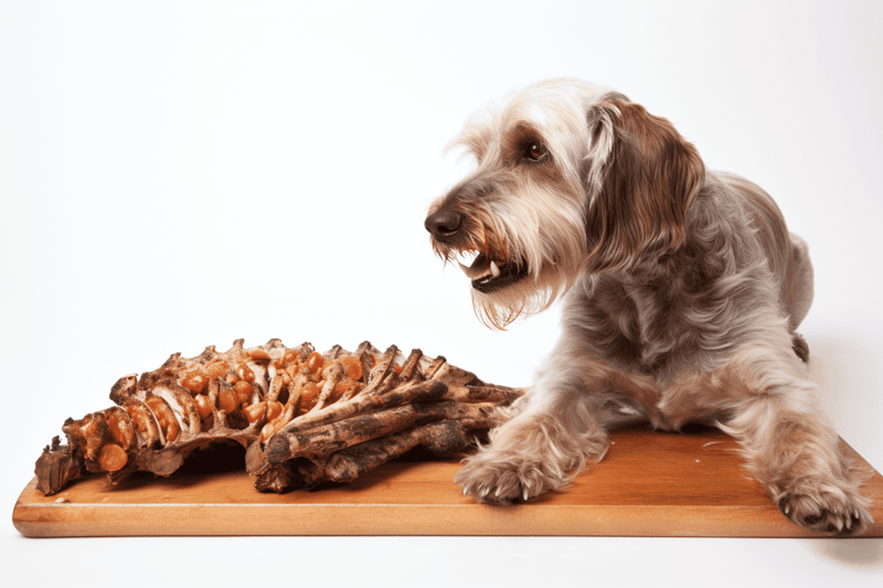 Dog eating ribs and bones.