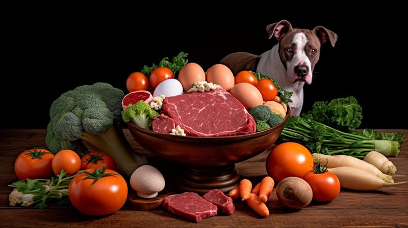 Healthy dog food with fresh meat and vegetables.