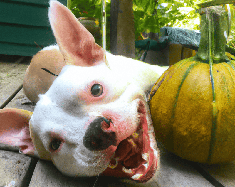 Adorable dog with pumpkin, fall decor in yard.