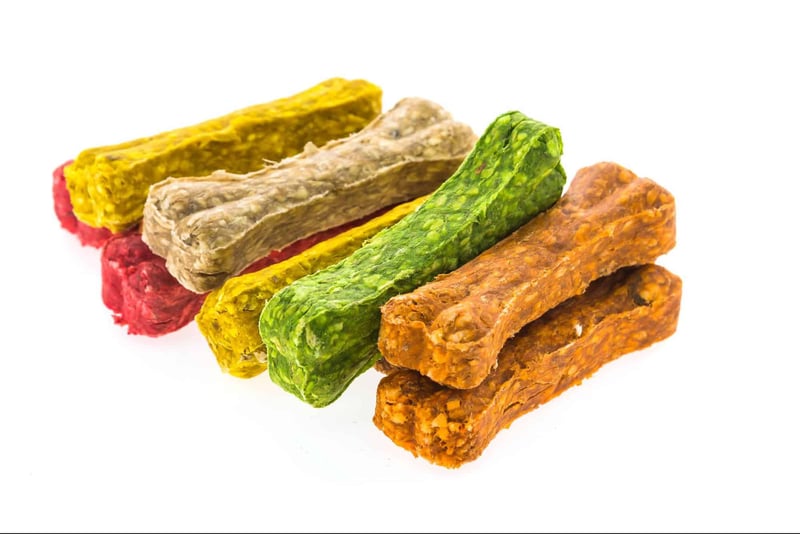 Colorful, nutritious dog treat chews for healthy pups.