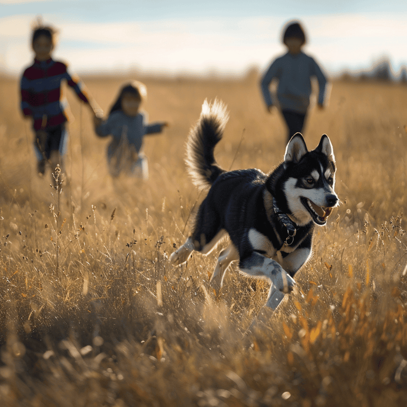Husky running in a sunlit field with kids, emphasizing dog health and outdoor activity benefits.