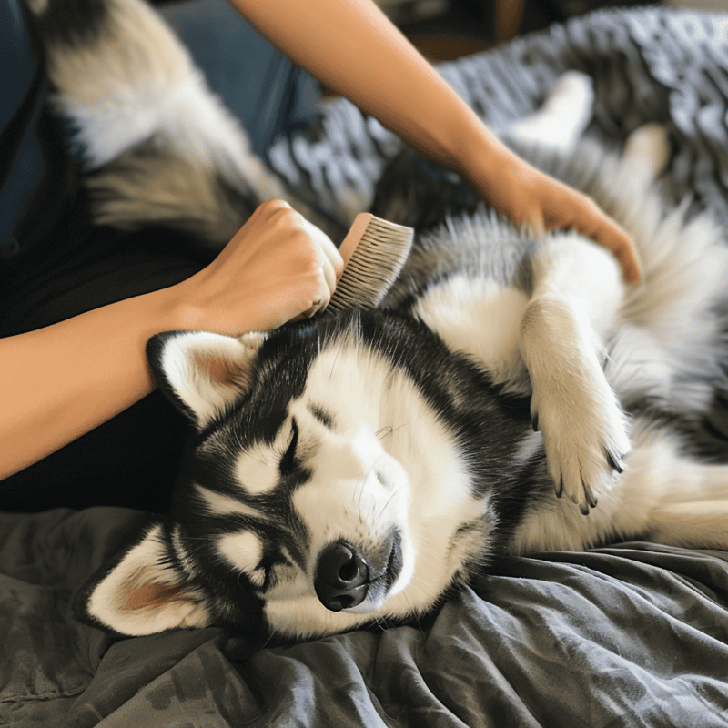 Adorable Siberian Husky lying on bed while owner brushes its fur for grooming and care.