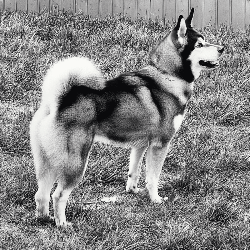 Siberian Husky standing in grassy yard, happy and alert, showcasing vibrant dog personality.