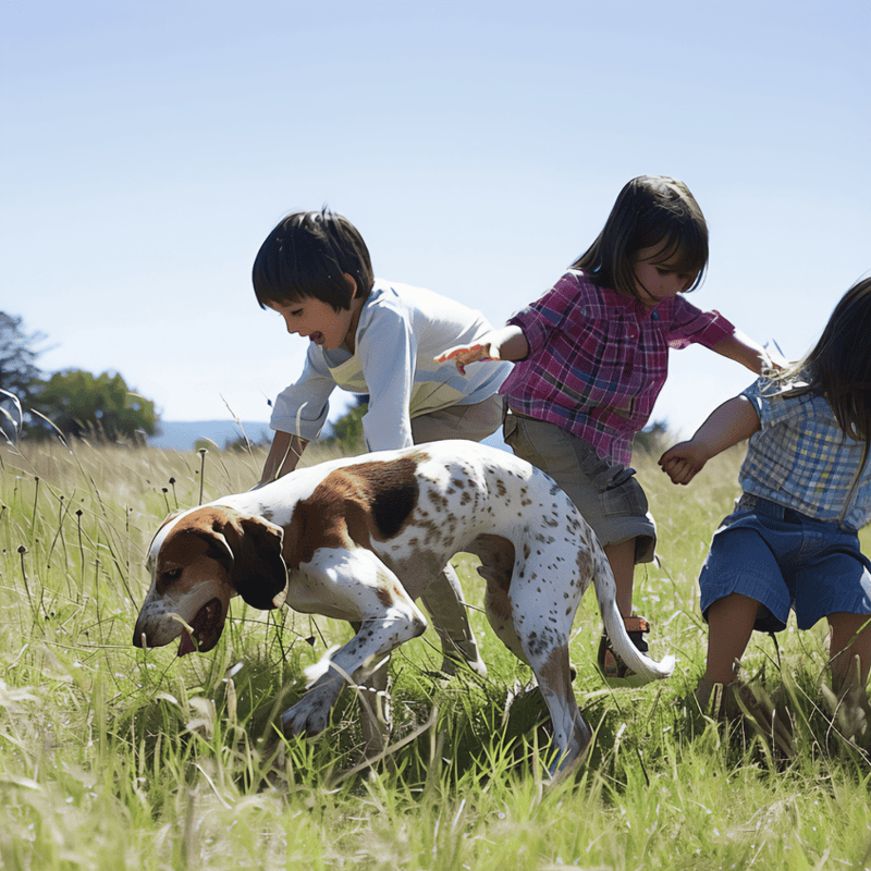 Children playing with dog in open grassy field on sunny day.