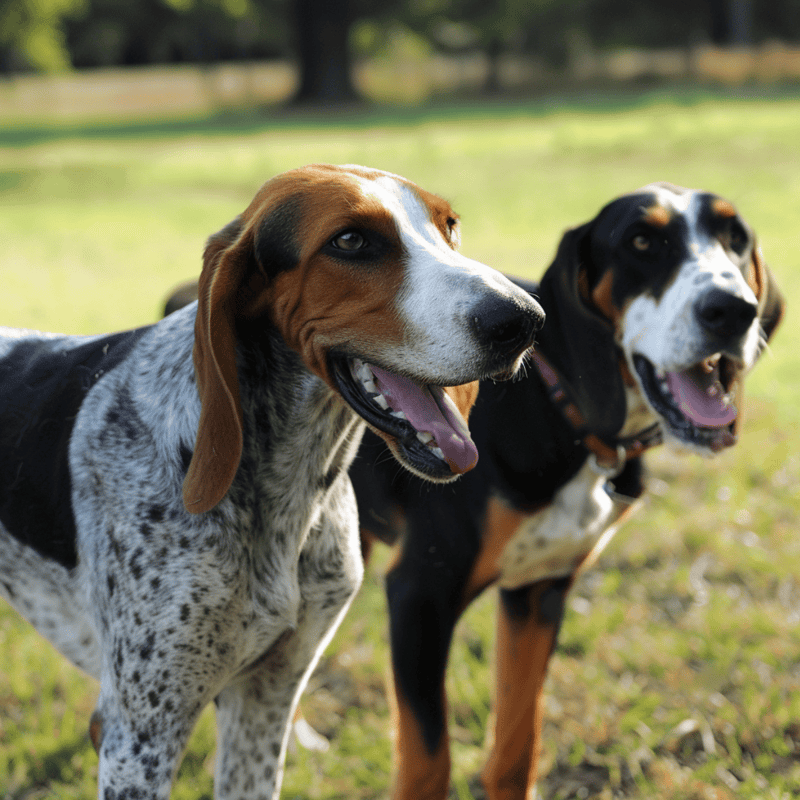 Adorable hound dogs with cheerful expressions enjoying outdoor playtime.