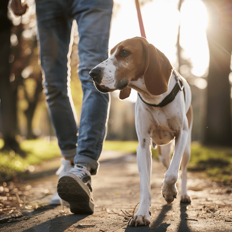 Dog walking in park with owner, outdoor activity, leashed dog, Sunny day, canine exercise, Pet care, Dogfix.com.