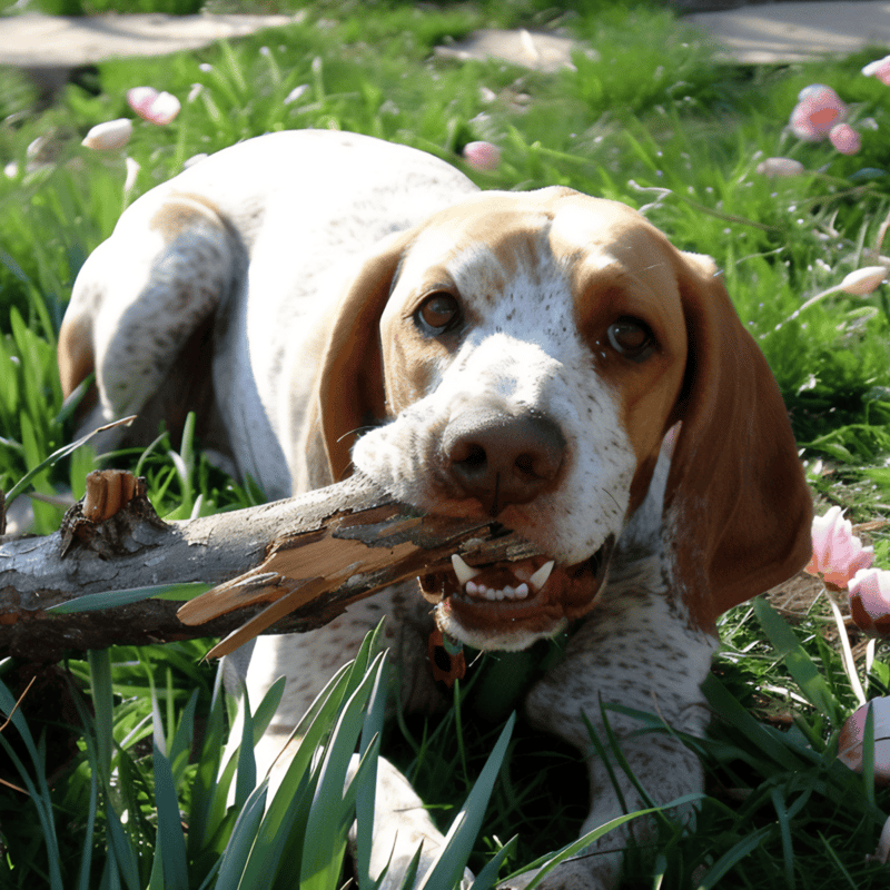 Dog chewing a stick in a lush garden with pink flowers, enjoying playful outdoor activity.