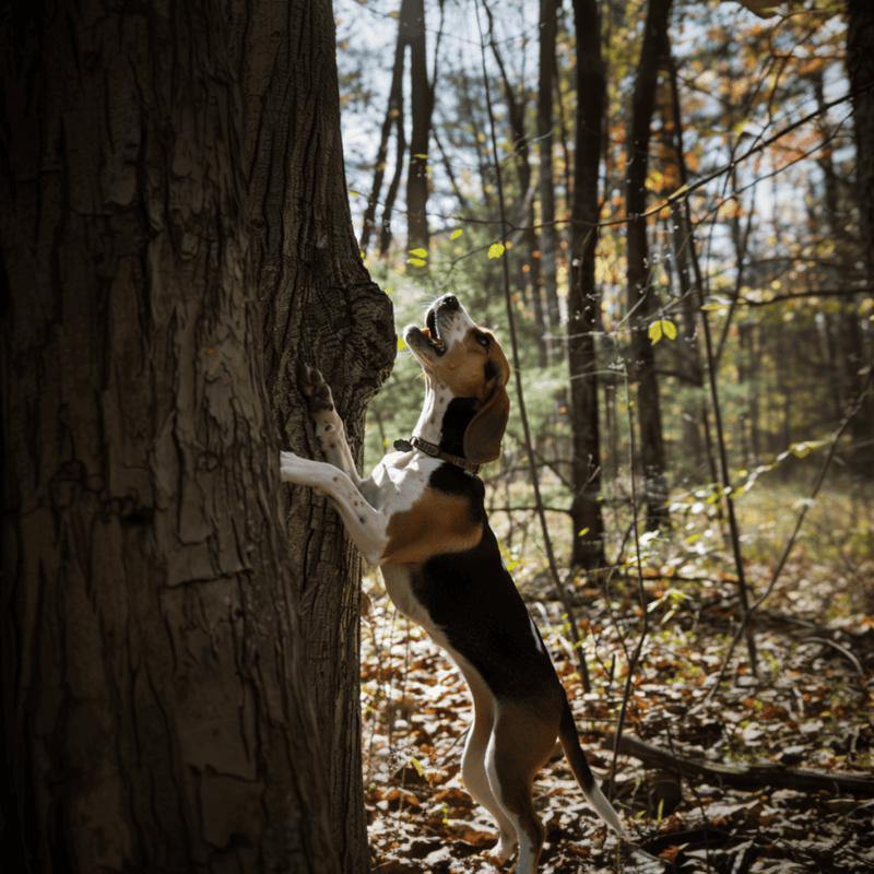 Dog climbing a tree in forest.