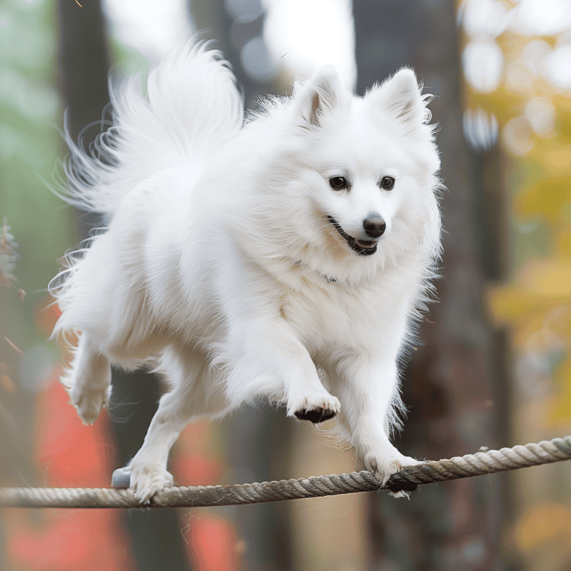Adorable white Samoyed dog happily running on an outdoor leash, fluffy coat and joyful expression.