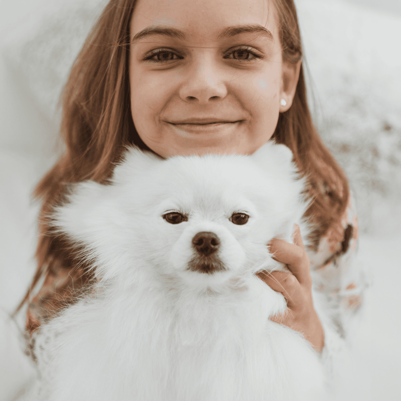 Adorable woman holding fluffy white Pomeranian dog outdoors, smiling, loving pet companionship.