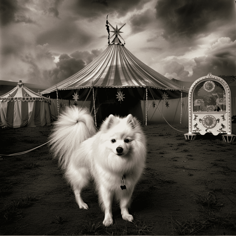 Cute Pomeranian dog standing outdoors in front of a circus tent with decorative carousel.