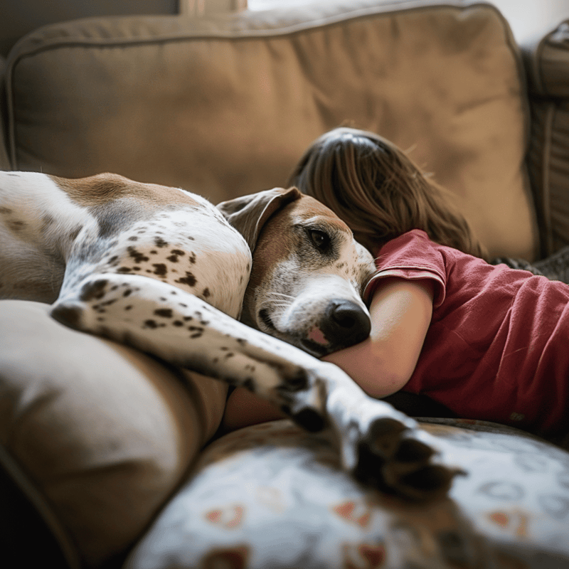 Dog and child cuddling on sofa, showing love and companionship. Perfect for pet care and family pet bonding.
