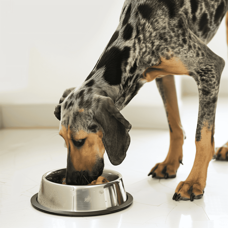 Dachshund dog eating from a stainless steel bowl on the floor.