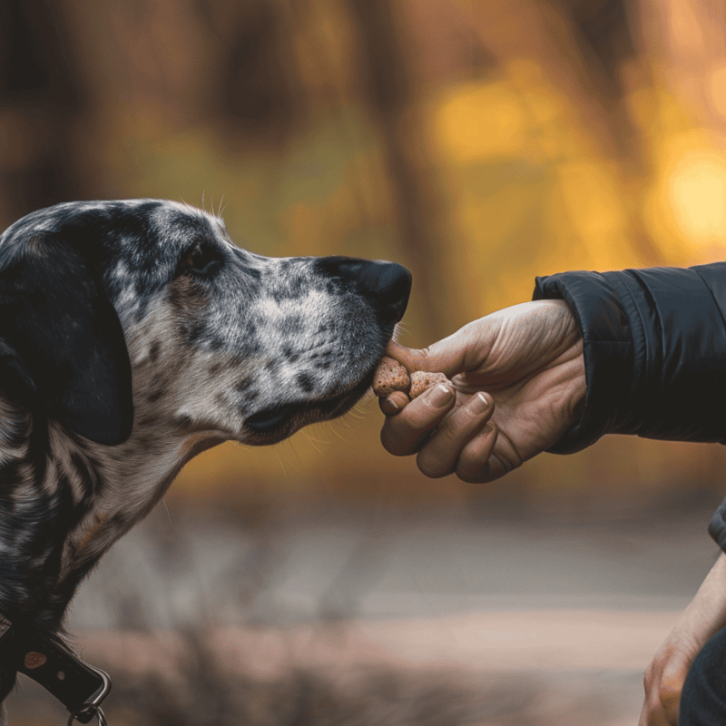 Dog feeding treat outdoors, dog caring, pet nutrition, dog health, dog treat.