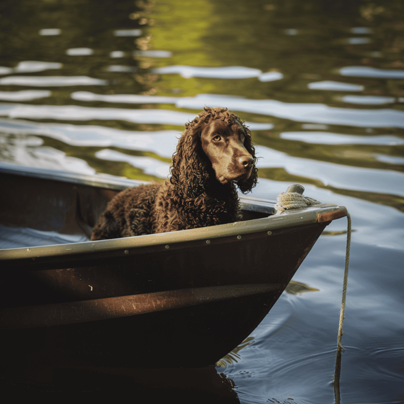 Adorable brown curly-coated dog sitting in a boat on a lake or river. Perfect for dog lovers and pet care content.