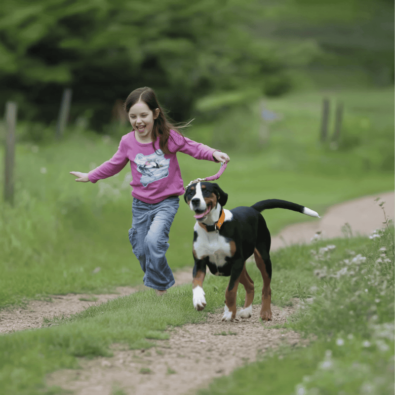 Happy girl running with dog on nature trail outdoors.