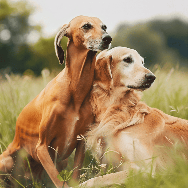 Two golden retriever dogs sitting in tall grass outside. Calm and adorable.