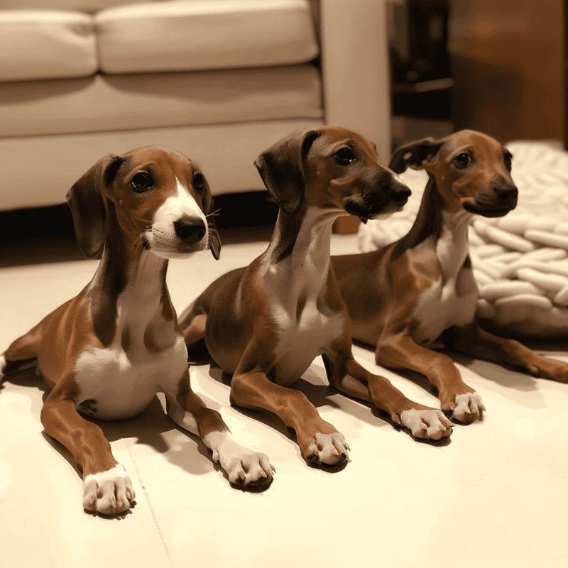 Adorable brown and white whippet puppies sitting on the floor indoors.
