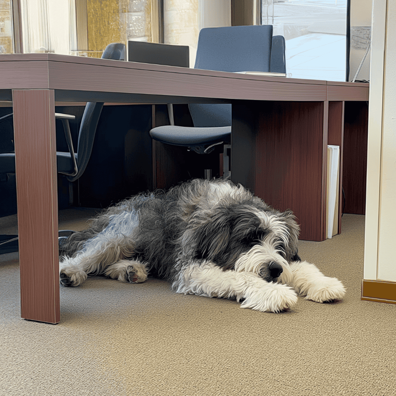 Comfortable office dog resting under a desk.