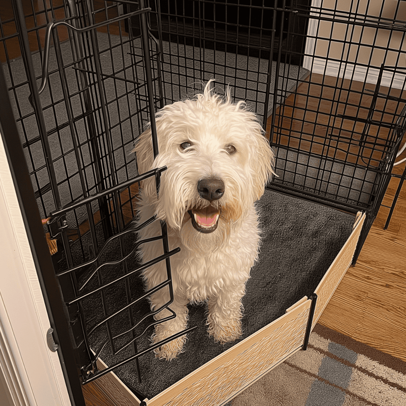 Happy dog in a pet crate at home.
