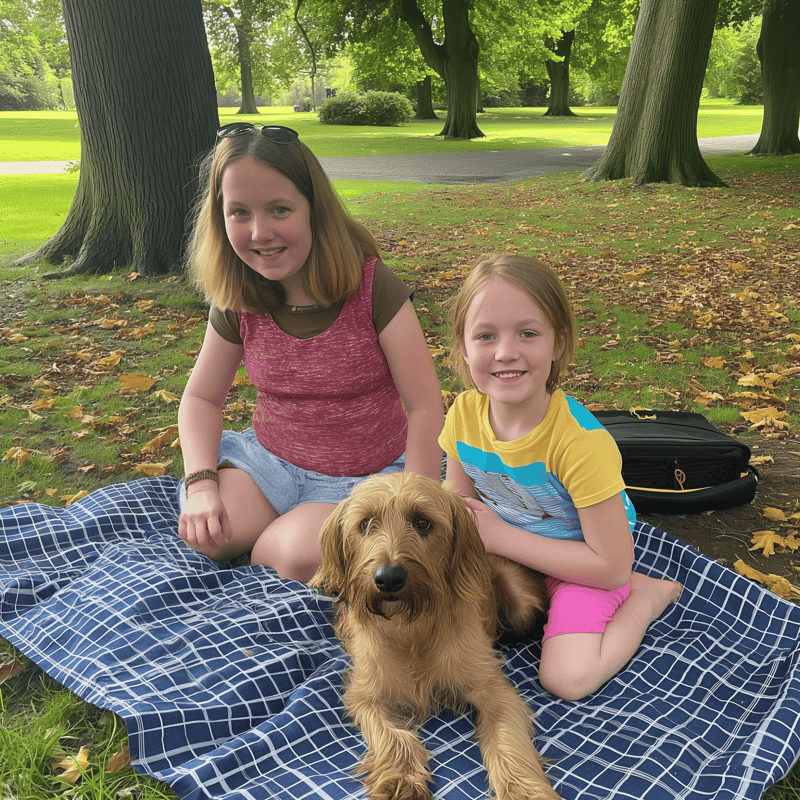 Happy kids enjoying outdoor quality time with their dog at park.