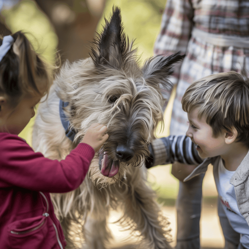 Happy dog being petted by kids in park setting.