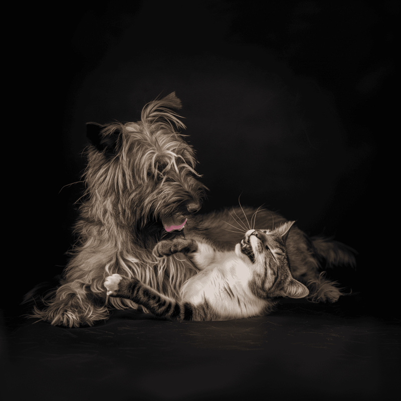 Cute dog and cat cuddling against black background.