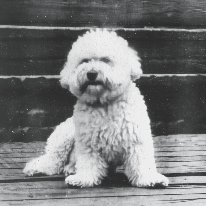 Adorable fluffy sheepdog puppy sitting on wooden deck, black and white photo, perfect for dog lovers.