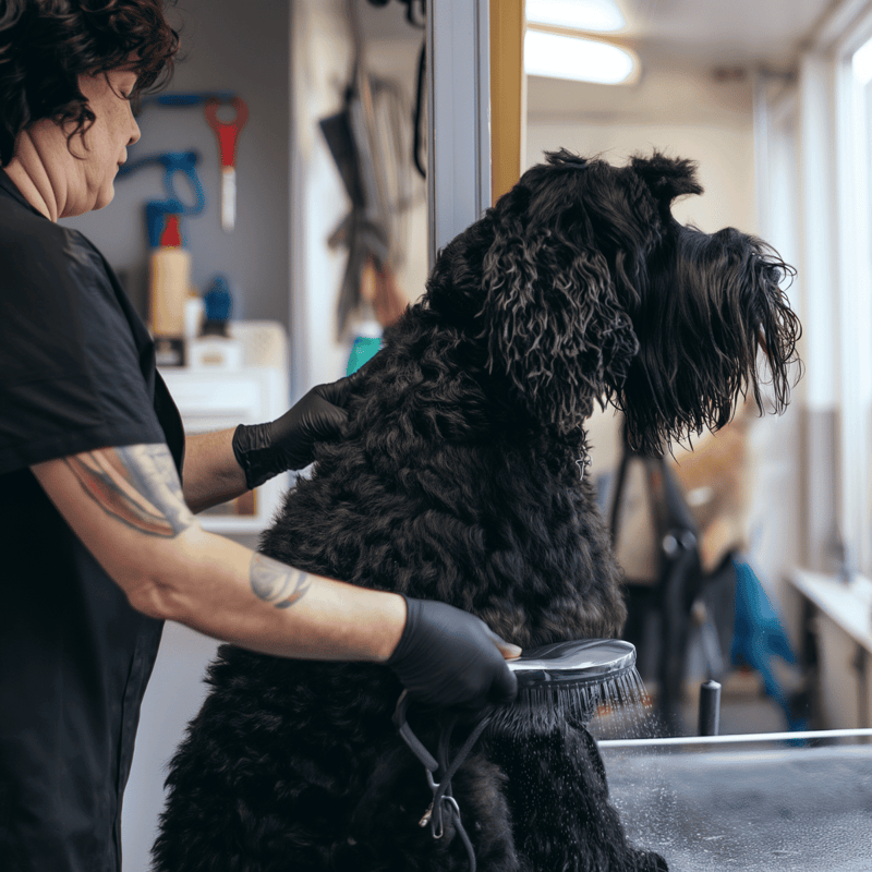 Dog grooming in progress at a professional pet salon.