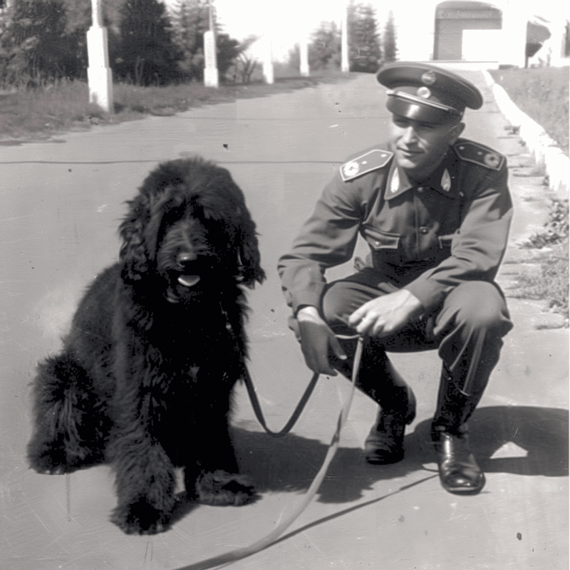 Vintage black and white photo of a police officer with a large fluffy dog on leash outdoors.