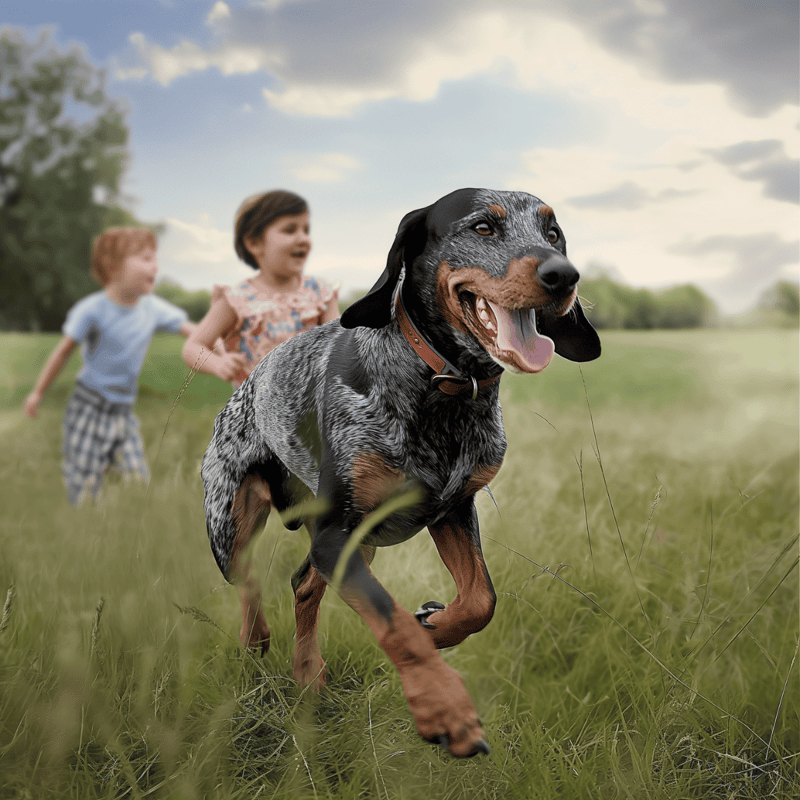 High-energy dog playing outdoors with children in nature.