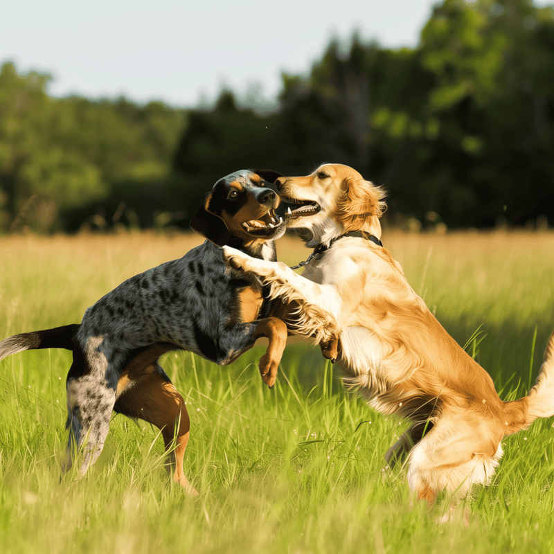 Adorable dogs playing together in a sunny outdoor setting, showcasing canine friendship and exercise.