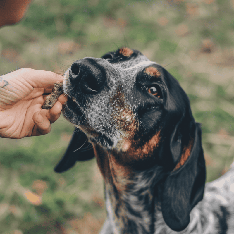 Close-up of a dog getting trained with a leash, exhibiting good behavior.