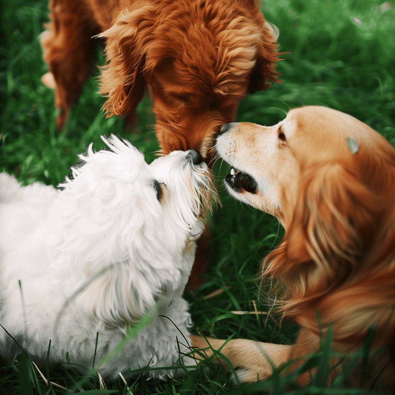 Adorable dogs interacting on lush green grass in a natural setting.