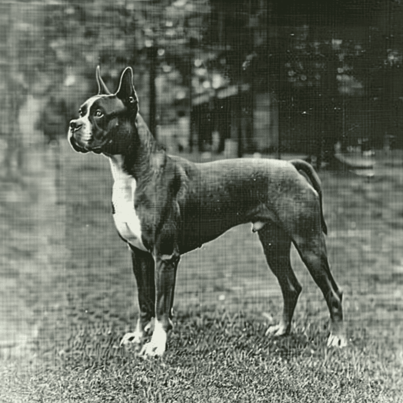 Dog studio photo of a Boxer pit bull dog with a cropped ear sitting outdoors.