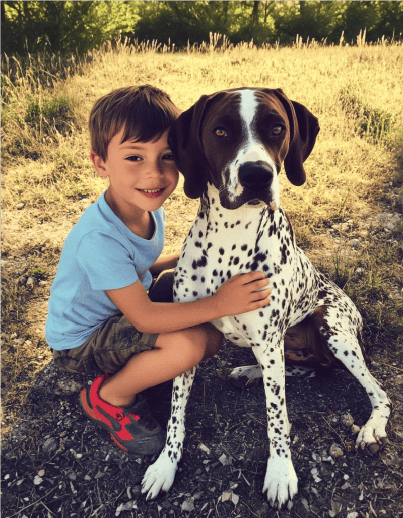 Adorable child with friendly Dalmatian, enjoying playtime outdoors.