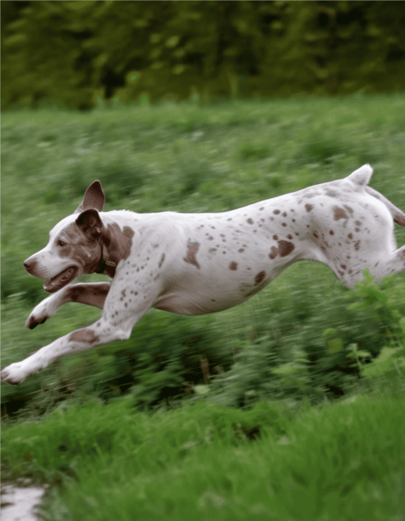 Dog running through grassy field at high speed, showcasing agility and playful nature.